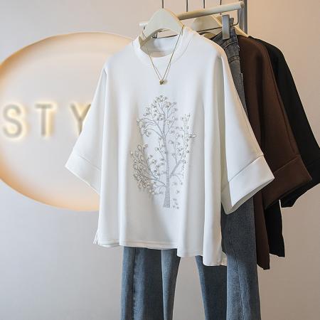 BY10652# 大码女装春季新款韩版胖MM高级感潮流钉珠设计感显瘦修身上衣 服裝批發女裝批發服飾貨源