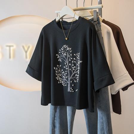 BY10652# 大码女装春季新款韩版胖MM高级感潮流钉珠设计感显瘦修身上衣 服裝批發女裝批發服飾貨源