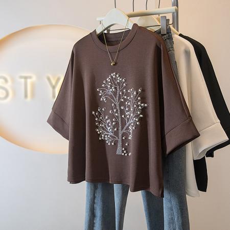 BY10652# 大码女装春季新款韩版胖MM高级感潮流钉珠设计感显瘦修身上衣 服裝批發女裝批發服飾貨源