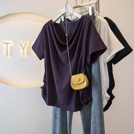 BY10655# 大码女装胖MM新款韩版高级感潮流浪荡领设计感显瘦修身上衣 服裝批發女裝批發服飾貨源