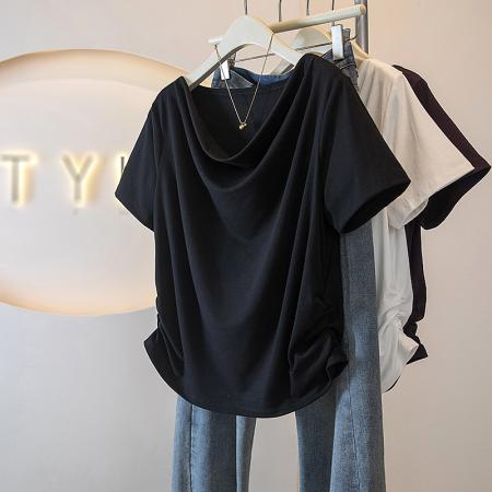 BY10655# 大码女装胖MM新款韩版高级感潮流浪荡领设计感显瘦修身上衣 服裝批發女裝批發服飾貨源