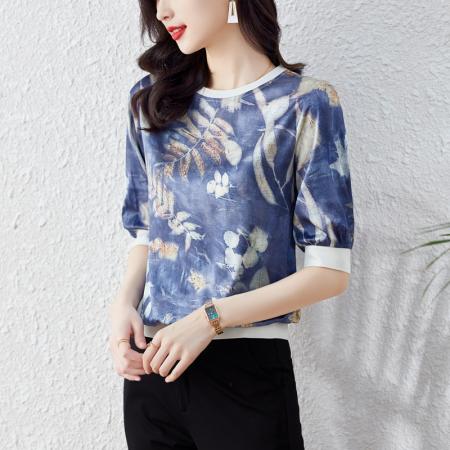 BY10657# 高端缎面仿真丝印花宽松时尚洋气五分短袖T恤上衣 服裝批發女裝批發服飾貨源