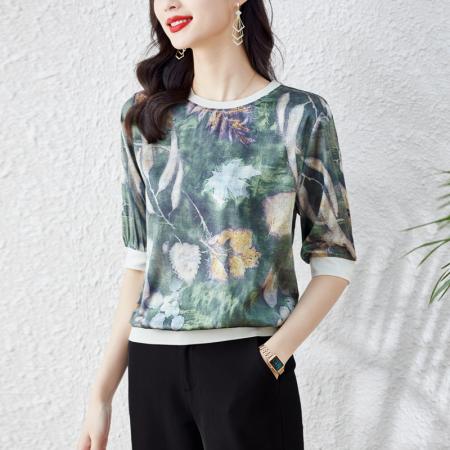 BY10657# 高端缎面仿真丝印花宽松时尚洋气五分短袖T恤上衣 服裝批發女裝批發服飾貨源