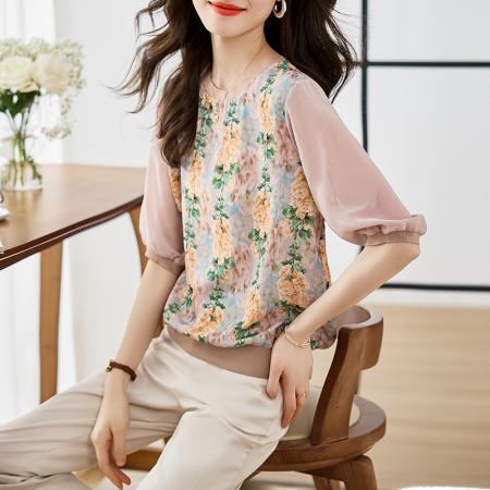 BY10658# 圆领上衣女短袖春季新款显瘦高端乱麻印花气质五分袖T恤 服裝批發女裝批發服飾貨源