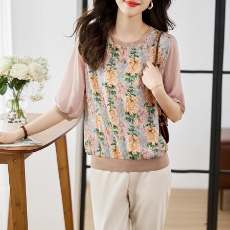 BY10658# 圆领上衣女短袖春季新款显瘦高端乱麻印花气质五分袖T恤 服裝批發女裝批發服飾貨源