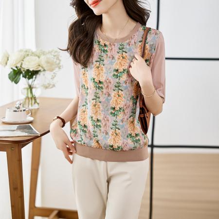 BY10658# 圆领上衣女短袖春季新款显瘦高端乱麻印花气质五分袖T恤 服裝批發女裝批發服飾貨源