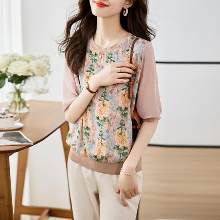 BY10658# 圆领上衣女短袖春季新款显瘦高端乱麻印花气质五分袖T恤 服裝批發女裝批發服飾貨源