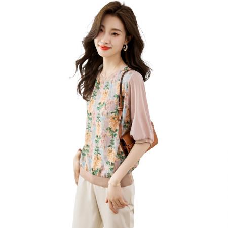 BY10658# 圆领上衣女短袖春季新款显瘦高端乱麻印花气质五分袖T恤 服裝批發女裝批發服飾貨源