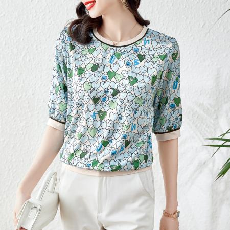 BY10659# 高端缎面仿真丝印花宽松时尚洋气五分短袖T恤上衣 服裝批發女裝批發服飾貨源
