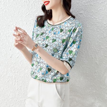 BY10659# 高端缎面仿真丝印花宽松时尚洋气五分短袖T恤上衣 服裝批發女裝批發服飾貨源