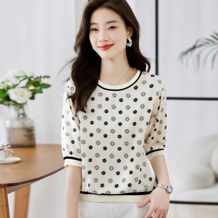 BY10660# 高端缎面仿真丝气质经典印花圆领五分袖设计感小众T恤 服裝批發女裝批發服飾貨源