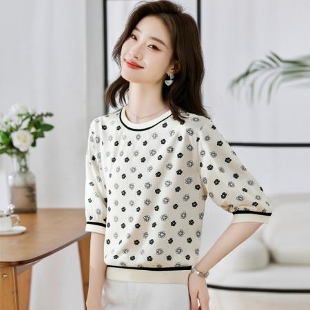 BY10660# 高端缎面仿真丝气质经典印花圆领五分袖设计感小众T恤 服裝批發女裝批發服飾貨源