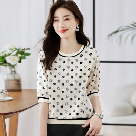 BY10660# 高端缎面仿真丝气质经典印花圆领五分袖设计感小众T恤 服裝批發女裝批發服飾貨源