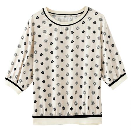 BY10660# 高端缎面仿真丝气质经典印花圆领五分袖设计感小众T恤 服裝批發女裝批發服飾貨源