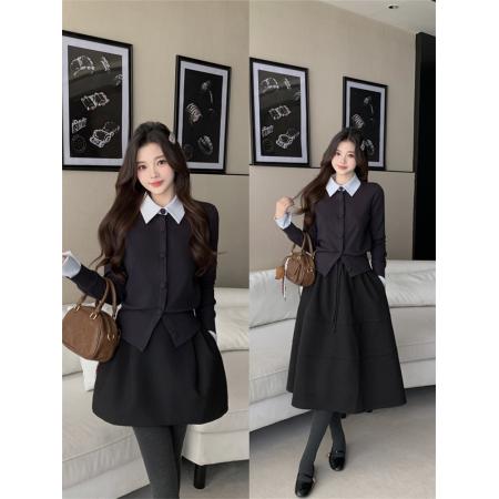 BY10661# 青藤学院春季撞色拼接假两件学院风针织上衣 服裝批發女裝批發服飾貨源