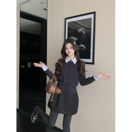 BY10661# 青藤学院春季撞色拼接假两件学院风针织上衣 服裝批發女裝批發服飾貨源