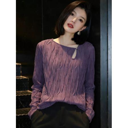 BY10662# 长袖衬衫女春季新款韩版宽松斜领钉珠上衣设计感套头显瘦衬衣 服裝批發女裝批發服飾貨源