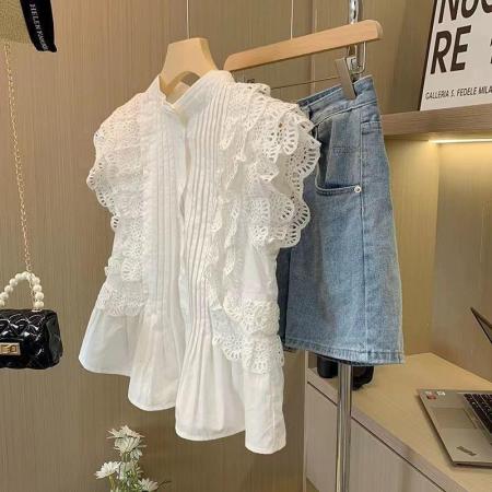 BY10663# 法式重工蕾丝飞飞袖衬衫女短款夏季超好看高级感上衣绝美漂亮小衫 服裝批發女裝批發服飾貨源