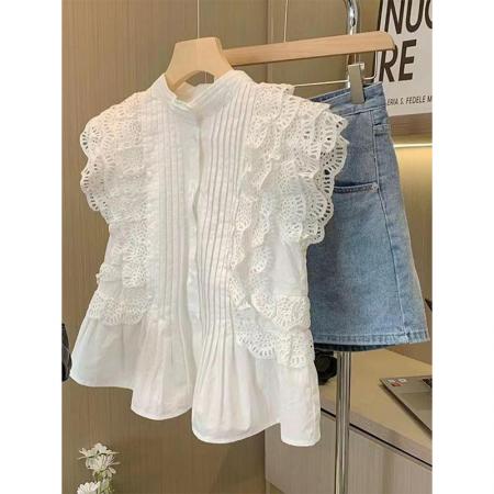 BY10663# 法式重工蕾丝飞飞袖衬衫女短款夏季超好看高级感上衣绝美漂亮小衫 服裝批發女裝批發服飾貨源