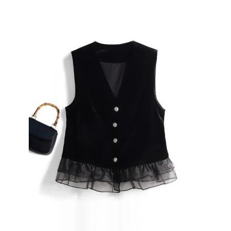 BY10665# 香风丝绒金丝绒马甲背心秋冬新款时尚拼接无袖上衣 服裝批發女裝批發服飾貨源