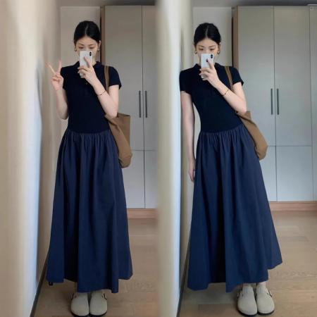 BY10666# 新款韩版短袖连衣裙气质夏季拼接设计感收腰小众休闲显瘦长裙 服裝批發女裝批發服飾貨源