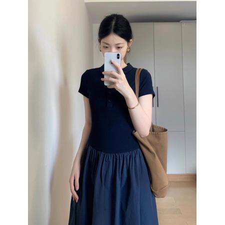 BY10666# 新款韩版短袖连衣裙气质夏季拼接设计感收腰小众休闲显瘦长裙 服裝批發女裝批發服飾貨源