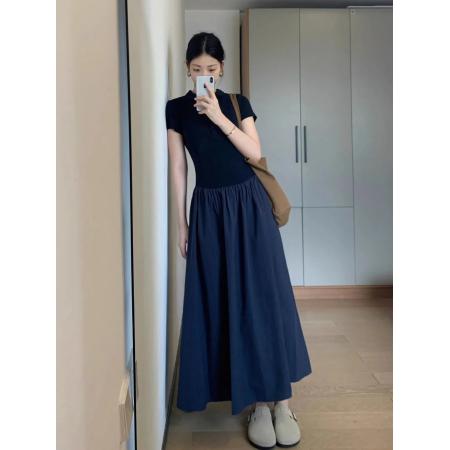 BY10666# 新款韩版短袖连衣裙气质夏季拼接设计感收腰小众休闲显瘦长裙 服裝批發女裝批發服飾貨源