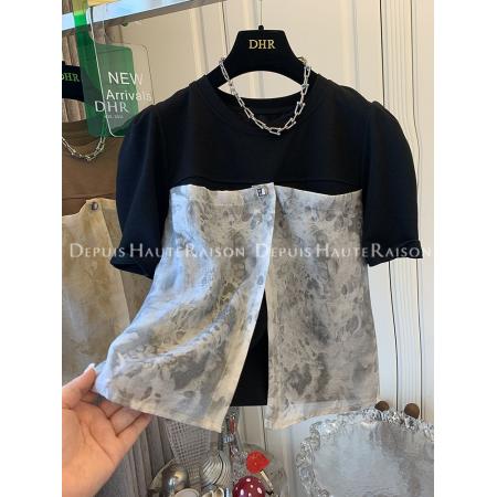 BY10667# 水墨纱开叉拼接假两件短袖T恤女夏季新款遮肚上衣 服裝批發女裝批發服飾貨源