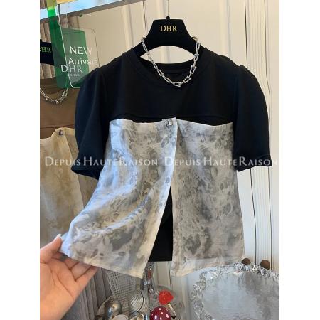 BY10667# 水墨纱开叉拼接假两件短袖T恤女夏季新款遮肚上衣 服裝批發女裝批發服飾貨源