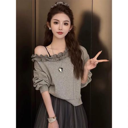 巨好看春季荷叶花边领斜肩卫衣T恤女新款爆款时尚洋气小个子 服裝批發女裝批發服飾貨源