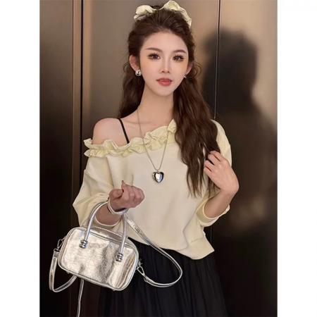 BY10669# 巨好看春季荷叶花边领斜肩卫衣T恤女新款爆款时尚洋气小个子 服裝批發女裝批發服飾貨源