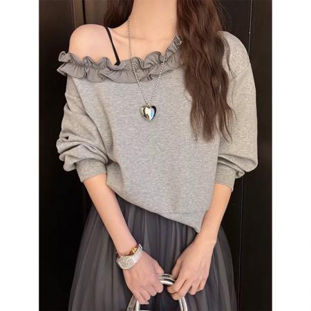 BY10669# 巨好看春季荷叶花边领斜肩卫衣T恤女新款爆款时尚洋气小个子 服裝批發女裝批發服飾貨源