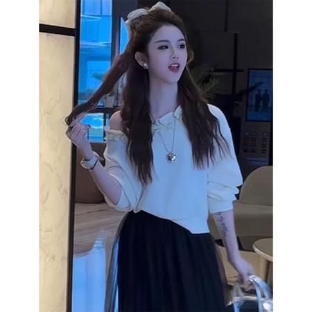 BY10669# 巨好看春季荷叶花边领斜肩卫衣T恤女新款爆款时尚洋气小个子 服裝批發女裝批發服飾貨源