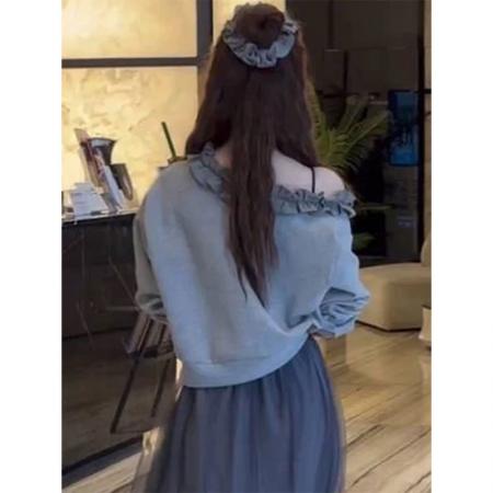 BY10669# 巨好看春季荷叶花边领斜肩卫衣T恤女新款爆款时尚洋气小个子 服裝批發女裝批發服飾貨源