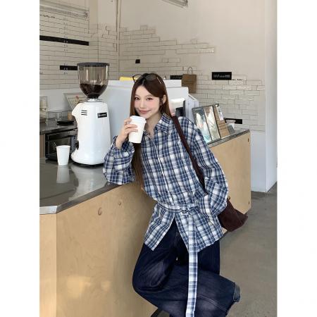 BY10671# 韩系复古设计感蓝色格纹衬衫女春秋新款休闲绑带收腰长袖上衣 服裝批發女裝批發服飾貨源