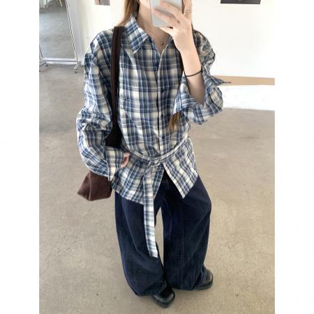 BY10671# 韩系复古设计感蓝色格纹衬衫女春秋新款休闲绑带收腰长袖上衣 服裝批發女裝批發服飾貨源