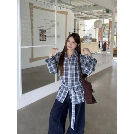 BY10671# 韩系复古设计感蓝色格纹衬衫女春秋新款休闲绑带收腰长袖上衣 服裝批發女裝批發服飾貨源