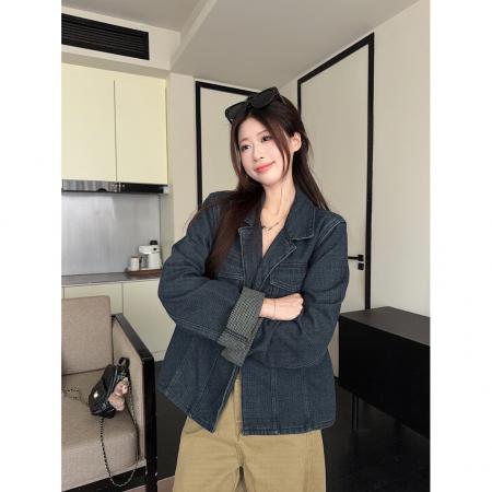 翻领口袋长袖做旧牛仔外套女装春季新款韩系复古宽松百搭上衣 服裝批發女裝批發服飾貨源
