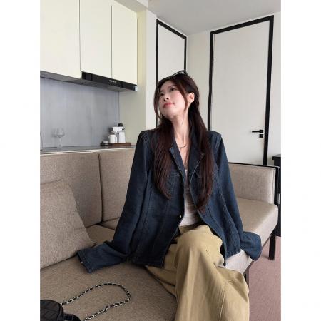 BY10672# 翻领口袋长袖做旧牛仔外套女装春季新款韩系复古宽松百搭上衣 服裝批發女裝批發服飾貨源