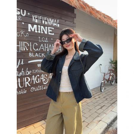 BY10672# 翻领口袋长袖做旧牛仔外套女装春季新款韩系复古宽松百搭上衣 服裝批發女裝批發服飾貨源