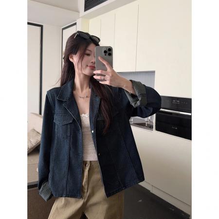 BY10672# 翻领口袋长袖做旧牛仔外套女装春季新款韩系复古宽松百搭上衣 服裝批發女裝批發服飾貨源