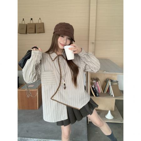 不规则条纹新款衬衫女春季宽松慵懒风衬衣别致长袖上衣 服裝批發女裝批發服飾貨源