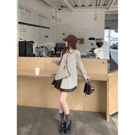 BY10676# 不规则条纹新款衬衫女春季宽松慵懒风衬衣别致长袖上衣 服裝批發女裝批發服飾貨源