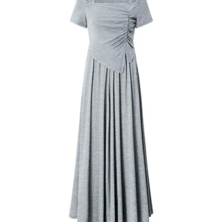 BY10677# 不规则方领显瘦穿搭一整套女收腰显瘦气质度假风灰色T恤+半身长裙 服裝批發女裝批發服飾貨源