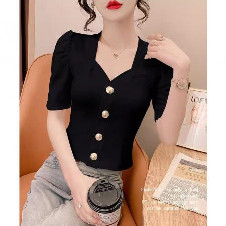 BY10678# 夏天气质法式黑色短袖t恤女新款爆款夏季高级感修身短款上衣 服裝批發女裝批發服飾貨源