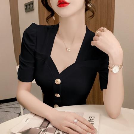 BY10678# 夏天气质法式黑色短袖t恤女新款爆款夏季高级感修身短款上衣 服裝批發女裝批發服飾貨源