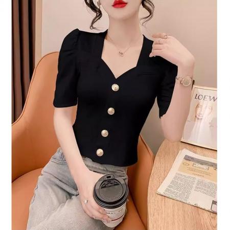 BY10678# 夏天气质法式黑色短袖t恤女新款爆款夏季高级感修身短款上衣 服裝批發女裝批發服飾貨源