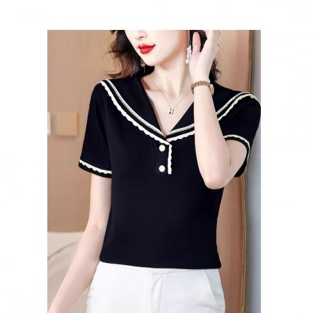 BY10679# 夏季假两件正肩短袖t恤女新上款海军领白色上衣半袖t恤ins 服裝批發女裝批發服飾貨源