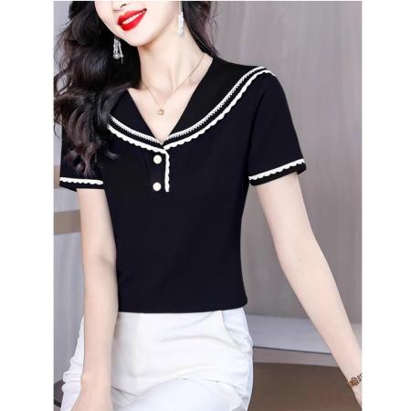 BY10679# 夏季假两件正肩短袖t恤女新上款海军领白色上衣半袖t恤ins 服裝批發女裝批發服飾貨源