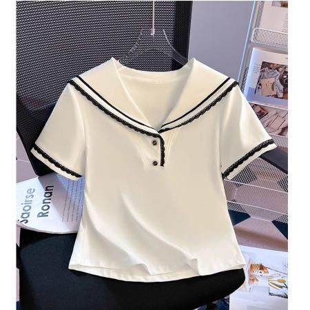 BY10679# 夏季假两件正肩短袖t恤女新上款海军领白色上衣半袖t恤ins 服裝批發女裝批發服飾貨源